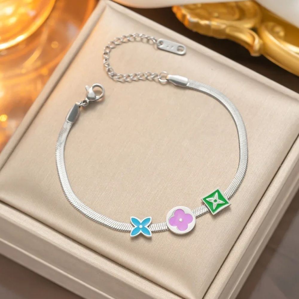 18K White Gold Clover & Flower Candy Colored Enameled Herringbone Bracelet